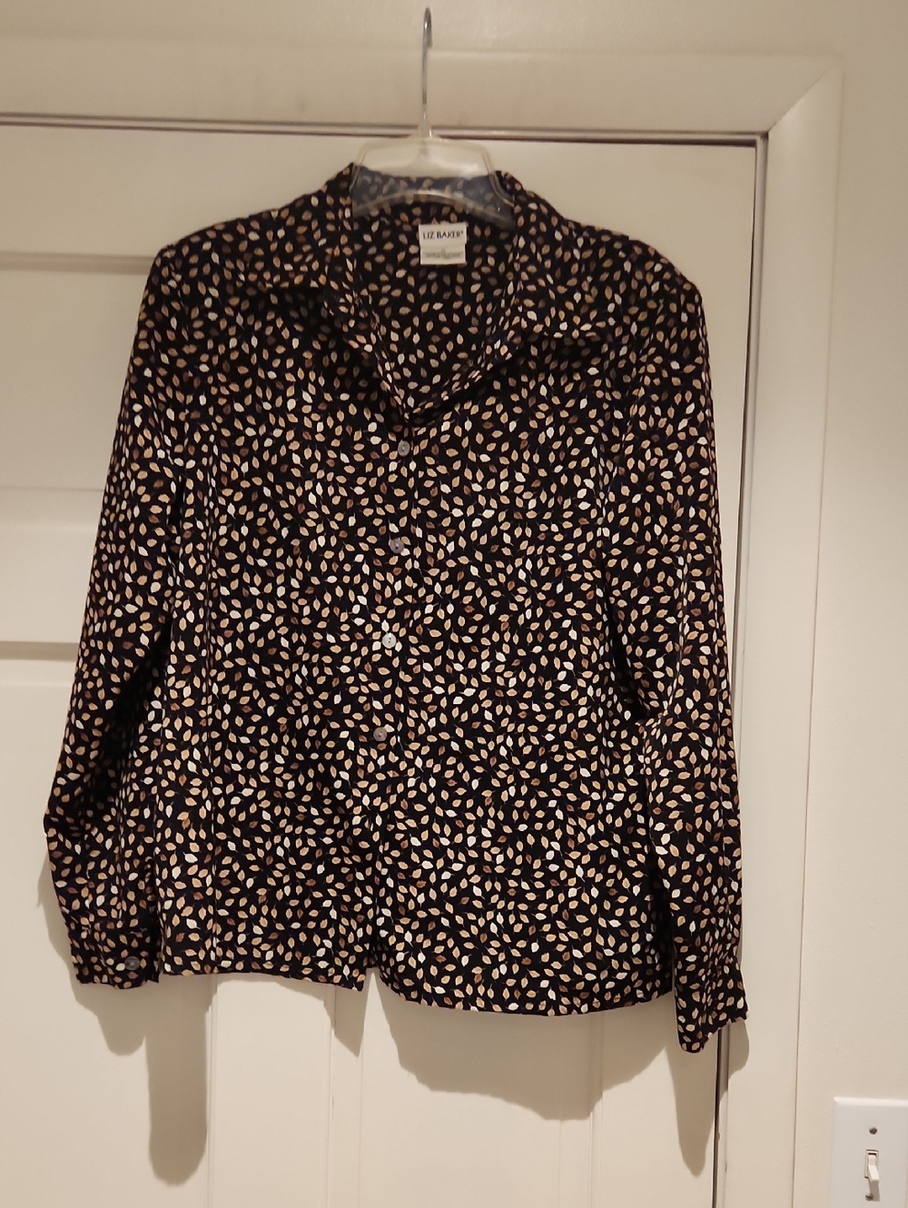 Vintage Liz Baker Black Blouse with Cream Leaf Print Button-Front